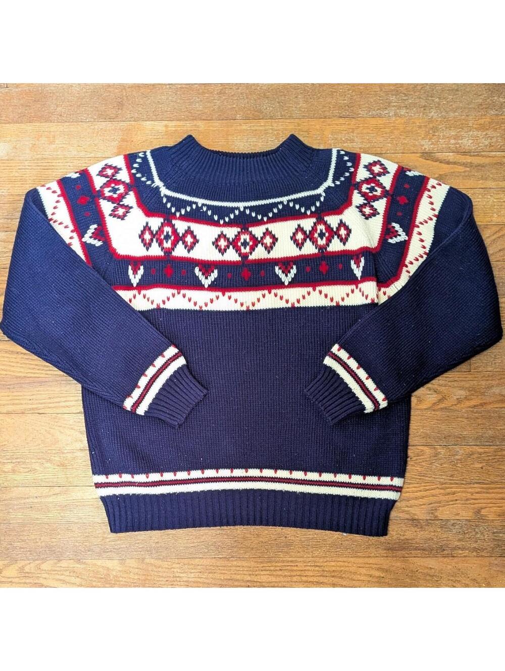 Vintage 70s 80s JCPenney Navy Red Cream Nordic Ski Sweater Fair Isle Yoke Size S